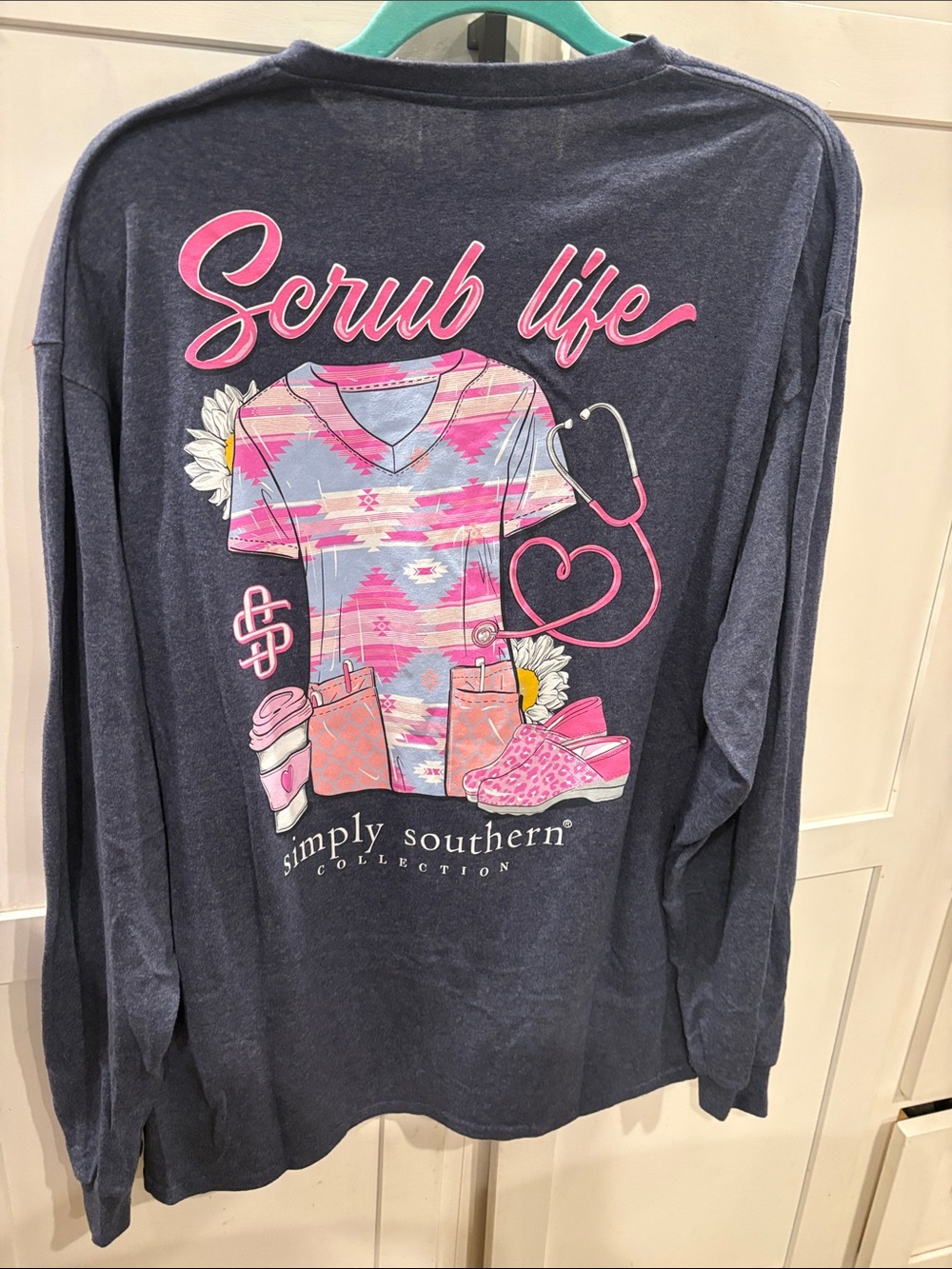 Simply Southern Navy Long Sleeve Tee with Pink Scrub Life Graphic